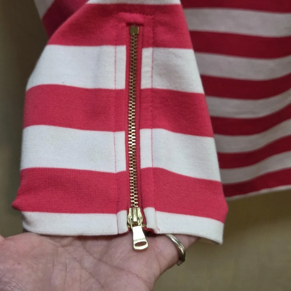 Talbots Shirt Womens Large Pink White Stripe Boat Neck 3/4 Sleeve Zip Cuff Tunic - Picture 4 of 7
